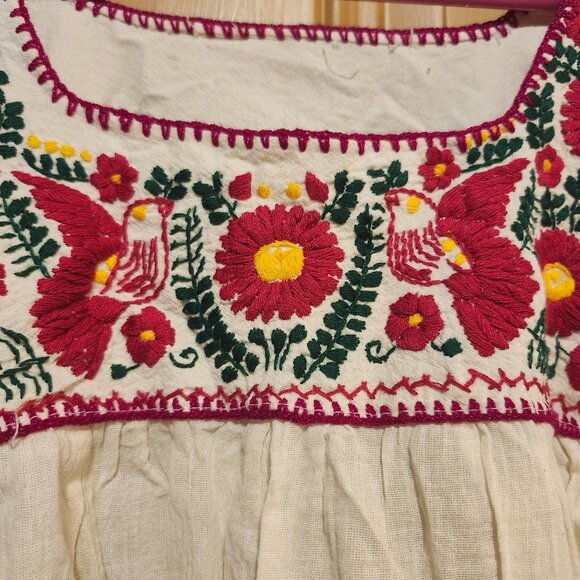 Vintage Women's Small Mexican Gauze Blouse Hand Embroidered Birds Flowers Ivory - Picture 3 of 7